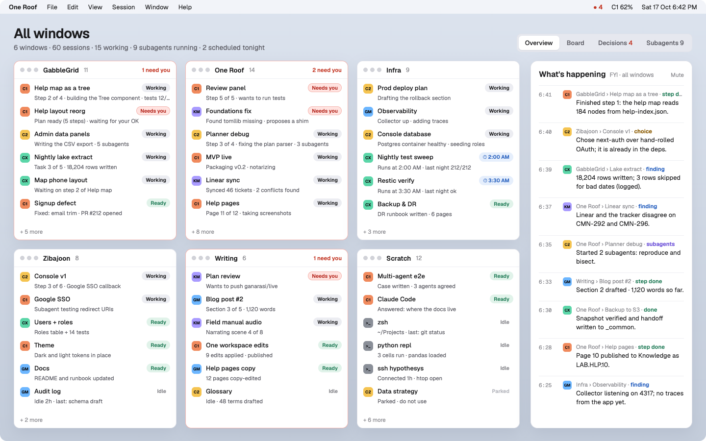 One Roof Overview: six windows of sessions with a live feed