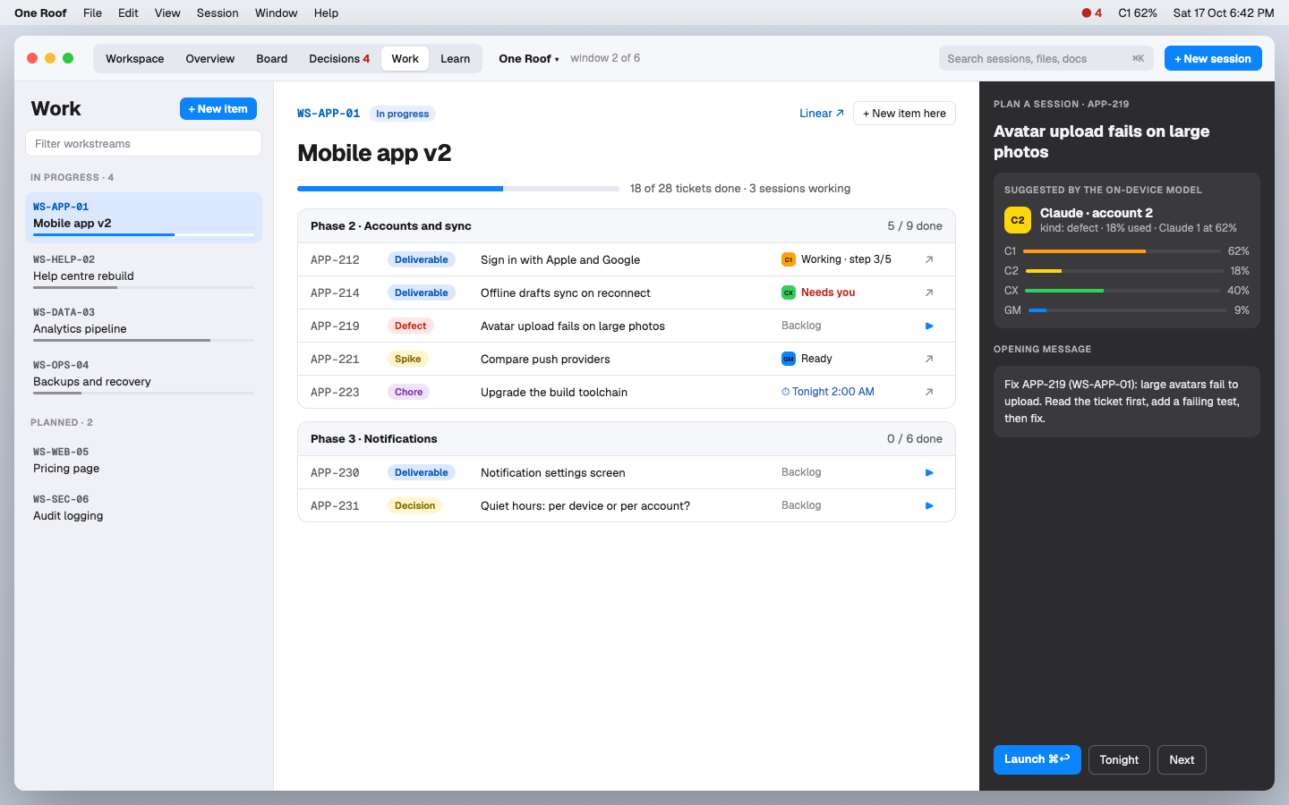 Work: workstreams, tickets by phase, and the router's pick